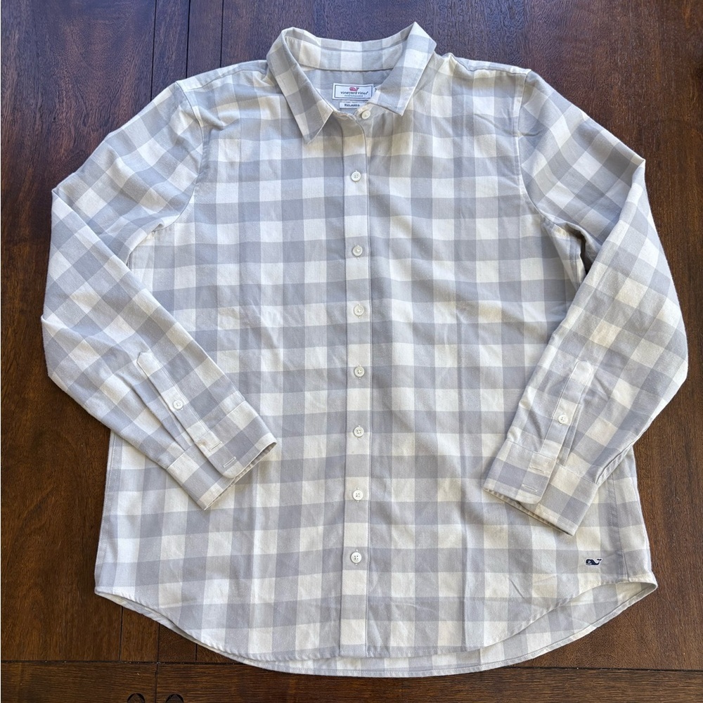 Vineyard Vines Performance Relaxed Gray Flannel Button Down LS Shirt Women 14